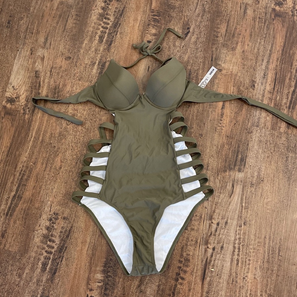 Army green one-piece swimsuit. Size large. Never worn - brand new
